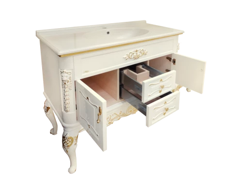 Тумба под раковину Misty Bianco 90 с 2-мя ящиками бежевая сусальное золото Л-Бья01090-3812Я