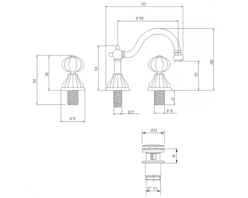 Cмеситель Migliore Olivia 19010 для биде, хром, ручки декор платина