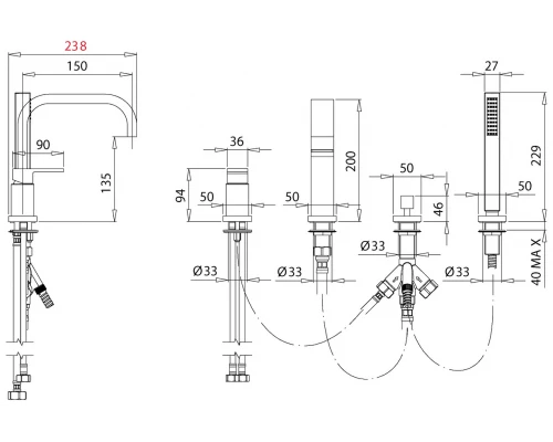 Смеситель Migliore Kvant 25392 для ванны и душа, на 4 отверстия, золото