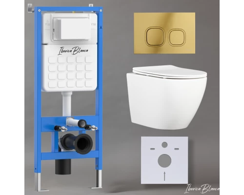 Комплект 3в1 IBERICA BLANCA инсталляция SILENCIO, унитаз BILBAO ALTO белый, кнопка смыва ESTI-Q золото глянцевое (IB001.BLA.231.836)