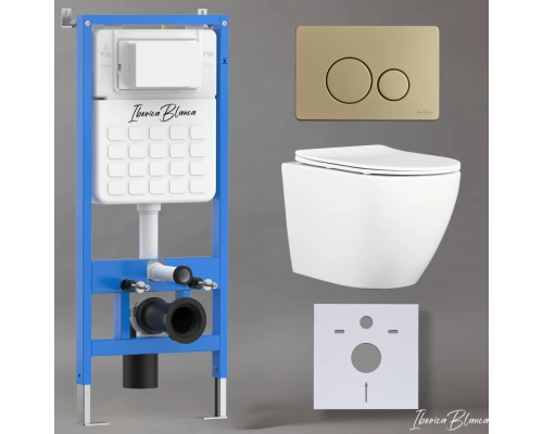 Комплект 3в1 IBERICA BLANCA инсталляция SILENCIO, унитаз BILBAO ALTO белый, кнопка смыва INOX-O золото матовое (IB001.BLA.231.815)