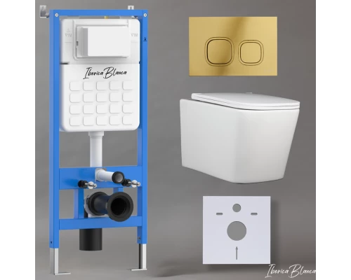 Комплект 3в1 IBERICA BLANCA инсталляция SILENCIO, унитаз TOLEDO ALTO белый, кнопка смыва ESTI-Q золото глянцевое (IB001.TLA.234.836)