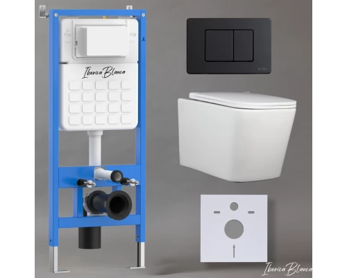 Комплект 3в1 IBERICA BLANCA инсталляция SILENCIO, унитаз TOLEDO ALTO белый, кнопка смыва INOX-C черный матовый (IB001.TLA.234.112)