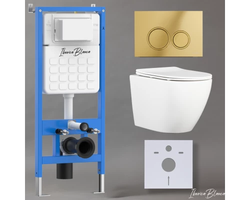 Комплект 3в1 IBERICA BLANCA инсталляция SILENCIO, унитаз BILBAO ALTO белый, кнопка смыва ESTI-O золото глянцевое (IB001.BLA.231.826)