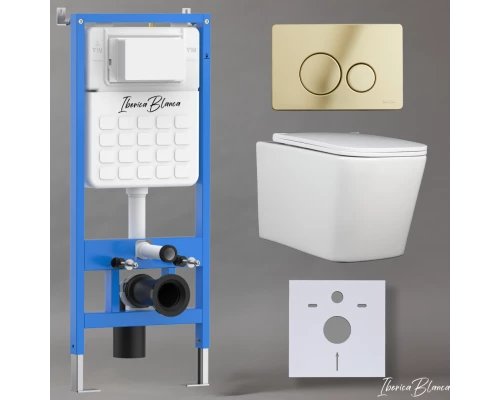 Комплект 3в1 IBERICA BLANCA инсталляция SILENCIO, унитаз TOLEDO ALTO белый, кнопка смыва INOX-O золото глянцевое (IB001.TLA.234.816)