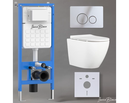 Комплект 3в1 IBERICA BLANCA инсталляция SILENCIO, унитаз BILBAO ALTO белый, кнопка смыва INOX-O хром глянцевый (IB001.BLA.231.8131)