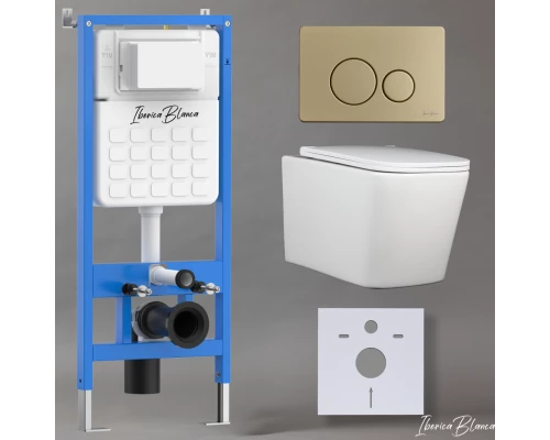 Комплект 3в1 IBERICA BLANCA инсталляция SILENCIO, унитаз TOLEDO ALTO белый, кнопка смыва INOX-O золото матовое (IB001.TLA.234.815)