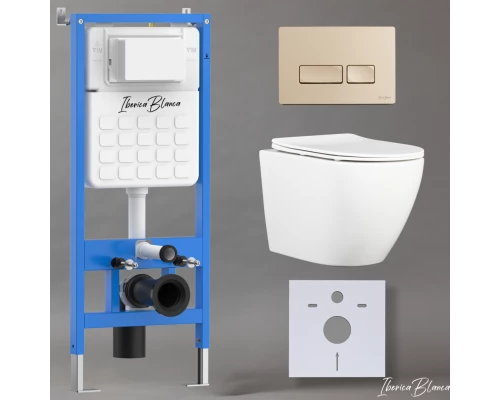 Комплект 3в1 IBERICA BLANCA инсталляция SILENCIO, унитаз BILBAO ALTO белый, кнопка смыва ESTI-R золото матовое (IB001.BLA.231.215)