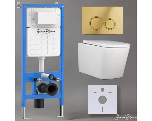 Комплект 3в1 IBERICA BLANCA инсталляция SILENCIO, унитаз TOLEDO ALTO белый, кнопка смыва ESTI-O золото глянцевое (IB001.TLA.234.826)
