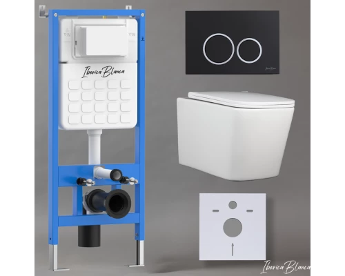 Комплект 3в1 IBERICA BLANCA инсталляция SILENCIO, унитаз TOLEDO ALTO белый, кнопка смыва ESTI-O черный матовый (IB001.TLA.234.822)