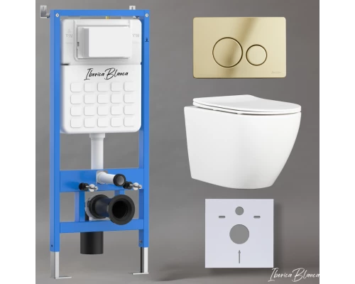Комплект 3в1 IBERICA BLANCA инсталляция SILENCIO, унитаз BILBAO ALTO белый, кнопка смыва INOX-O золото глянцевое (IB001.BLA.231.816)